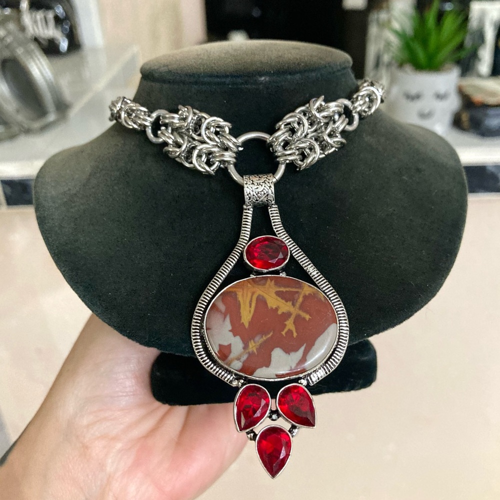 925 sterling silver overlay mookaite jasper stones & red cz boho necklace